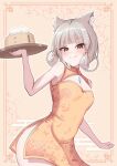 1girl animal_ear_fluff animal_ears bamboo_steamer baozi bare_arms bare_shoulders blush braid breasts brown_background brown_eyes brown_ribbon china_dress chinese_clothes cleavage cleavage_cutout closed_mouth clothing_cutout commentary_request dress egasumi floral_print food grey_hair hair_ribbon hair_rings hand_up highres holding holding_tray nia_(xenoblade) okazu2010015 orange_dress print_dress ribbon sidelocks sleeveless sleeveless_dress small_breasts smile solo tray twin_braids xenoblade_chronicles_(series) xenoblade_chronicles_2 