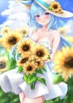  1girl absurdres alternate_costume animal_ears bare_shoulders blue_hair blurry blurry_background blush bouquet breasts commentary commentary_request dress field flower flower_field hat highres holding holding_bouquet horse_ears horse_girl large_breasts long_hair mejiro_ardan_(umamusume) open_mouth outdoors purple_eyes smile solo straw_hat sun_hat sundress sunflower sunflower_field taku_(312nismo1) umamusume upper_body white_dress 