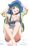  1girl absurdres blue_hair breasts brown_eyes camisole cleavage collarbone grey_camisole haruki_(haruki678) highres idolmaster idolmaster_million_live! kitakami_reika large_breasts light_blush long_hair looking_at_viewer one_eye_closed open_mouth short_shorts shorts sitting smile solo striped_camisole towel 