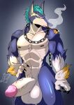 abs absurd_res anthro balls bandai_namco biceps big_balls big_muscles big_penis biped black_nose blue_body blue_eyes blue_fur blue_hair canid canine canis chain domestic_dog fur genitals grey_background hair hi_res humanoid_genitalia lazaxus male mammal muscular muscular_anthro muscular_male nude pecs penis pipe repede simple_background smoking smoking_pipe solo standing tales_of_(series) tales_of_vesperia thick_penis white_body white_fur