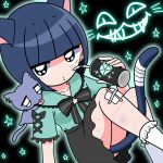  1girl animal animal_ears bandage_on_knee bandaged_tail black_bow black_skirt blue_hair blunt_bangs bob_cut bow can cat cat_ears cat_tail closed_mouth collarbone dress drink_can drinking_straw ear_piercing expressionless ezaki_bisuko green_dress green_outline holding holding_can lip_piercing looking_at_viewer menhera-chan_(ezaki_bisuko) neon_lights outline piercing sabukaru-chan_(ezaki_bisuko) self-harm_scar short_sleeves sitting skirt socks soda_can solo star_(symbol) tail tongue_piercing white_socks 