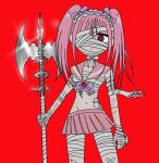  1girl alternate_costume axe bandage_on_face bandage_on_hip bandage_over_one_eye bandaged_arm bandaged_hand bandaged_leg bandages bandaid bandaid_on_leg bow bowtie expressionless ezaki_bisuko hairband holding holding_axe holding_weapon injury looking_at_viewer menhera-chan_(ezaki_bisuko) menhera-chan_(ezaki_bisuko)_(character) navel pink_hair pink_sailor_collar pink_skirt pleated_skirt purple_bow red_background red_eyes sailor_collar sarashi self-harm_scar skirt solo twintails weapon white_bow white_bowtie wrist_cutting 