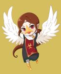 animal_humanoid avian avian_humanoid beak blush brown_hair clothing feathered_wings feathers female hair hi_res humanoid humanoid_pointy_ears light_body light_skin long_hair medli nintendo open_mouth open_smile red_eyes rito rito_humanoid simple_background smile solo the_legend_of_zelda tnp wind_waker wings