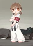  1girl :o absurdres armband barefoot black_footwear black_sash blush brown_footwear brown_hair chinese_commentary commentary_request dougi full_body highres karate_gi knife kuma-bound looking_to_the_side lower_teeth_only medium_hair original outline pants red_armband red_eyes sash shirt short_twintails sleeves_past_elbows solo solo_focus standing suit teeth toes twintails v-shaped_eyebrows white_outline white_pants white_shirt 