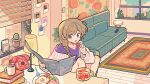  1girl braid breakfast coffee couch dolman_(dm) highres holding holding_newspaper indoors morning newspaper open_mouth original solo 