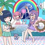  3girls animal ball bandaged_arm bandages barefoot beachball blue_hair bob_cut bow cat chopsticks closed_mouth crescent crescent_moon cupcake dress expressionless ezaki_bisuko flower food green_sailor_collar green_skirt hair_bow hair_flower hair_ornament hairband hand_up holding holding_ball holding_beachball holding_chopsticks holding_plate holding_swim_ring jellyfish looking_at_viewer menhera-chan_(ezaki_bisuko) menhera-chan_(ezaki_bisuko)_(character) moon multiple_girls navel night night_sky one_eye_closed open_mouth palm_tree pasta pink_bow pink_hair pink_sailor_collar pink_skirt plate pleated_skirt purple_bow purple_dress purple_hair rabbit rainbow sabukaru-chan_(ezaki_bisuko) sailor_collar school_uniform serafuku short_twintails sidelocks skirt sky spaghetti swim_ring tile_floor tiles tree twintails usatan_(ezaki_bisuko) v window yumekawa-chan_(ezaki_bisuko) 