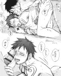  2boys ahegao all_fours arm_tattoo ass ass_grab bar_censor blush censored chest_tattoo commentary_request cum cum_in_mouth demorzel doggystyle earrings erection facial_hair fucked_silly full-face_blush goatee hand_tattoo heart heart-shaped_pupils highres jewelry monkey_d._luffy monochrome motion_lines multiple_boys nude one_piece penis penis_grab sex shirt short_hair shoulder_tattoo symbol-shaped_pupils tattoo tongue tongue_out trafalgar_law translation_request yaoi 