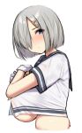  1girl blue_eyes blue_sailor_collar breast_hold breasts closed_mouth from_side gloves grey_hair hair_ornament hair_over_one_eye hairpin hamakaze_(kancolle) kantai_collection large_breasts looking_at_viewer medium_hair mitsukazu_(nijigen_complex) neckerchief sailor_collar school_uniform serafuku short_sleeves solo underboob upper_body white_gloves white_serafuku yellow_neckerchief 