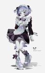  1girl absurdres animal_ears apron arm_at_side black_dress bow bow_legwear bowtie commentary dress fake_animal_ears flower frilled_apron frills frown full_body hand_on_own_chest highres looking_at_viewer maid maid_headdress original panda panda_ears purple_bow purple_bowtie purple_eyes purple_flower purple_hair shadow shoes simple_background sneakers socks solo symbol-only_commentary toasu twitter_username two_side_up white_apron white_background white_footwear white_socks 