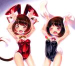  2girls alternate_costume animal_ear_piercing animal_ears armpits arms_up ass_visible_through_thighs black_leotard bow bowtie breasts brown_hair carrot_necklace cat_ears cat_tail chen cleavage commentary_request contrapposto covered_navel cowboy_shot earrings forked_tail highres inaba_tewi jewelry leotard multiple_girls necklace nekomata nemonadi no_headwear petite pinky_out rabbit_ears rabbit_pose red_leotard short_hair simple_background single_earring small_breasts tail touhou white_background 