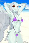 amber_eyes anthro beach bikini bone_frill breasts camel_toe cleavage clothed clothing cloud colored elbow_feathers eyeshadow fang_(gvh) feathered_wings feathers female frill_(anatomy) goodbye_volcano_high grey_body grey_feathers hair hands_behind_head head_crest head_frill hi_res long_hair looking_at_viewer makeup markings narrowed_eyes navel outside pterodactylus pterosaur purple_bikini purple_clothing purple_swimwear reptile scalie seaside short_tail silver_hair sky smile smiling_at_viewer snoot_game snout solo striped_frill striped_markings striped_tail stripes swimwear tail tail_markings water wings wozzu1