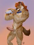 anthro balls bartender bow_tie bow_tie_only ear_piercing erection foreskin genitals hi_res hyena lion21 looking_at_viewer male mammal mostly_nude muscular navel navel_piercing penis piercing simple_background slim solo