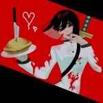  1girl black_hair blood blood_on_clothes chef heart highres holding holding_plate knife limbus_company meat_pie no_710 ootachi parted_lips plate project_moon red_background ryoshu_(project_moon) short_hair simple_background smile solo 