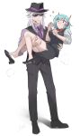  1boy 1girl absurdres blue_hair carrying carrying_person clenched_hands clenched_teeth commentary_request full_body hat high_heels highres inkamuko kippo kura_sushi long_hair red_eyes short_hair sidelocks simple_background sunglasses teeth vest waruiman white_background 