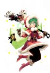  1boy 1girl bald boots capelet christmas curly_hair dress floating fur-trimmed_capelet fur-trimmed_dress fur-trimmed_headwear fur_trim gloves green_eyes green_hair highres murata_yuusuke one-punch_man pantyhose red_capelet red_dress red_headwear saitama_(one-punch_man) santa_boots santa_capelet santa_costume santa_dress santa_gloves short_hair smile tatsumaki third-party_source 