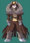  1boy brown_coat brown_hair coat fur_hat fur_trim gloves gotoroku_(pkg) green_background green_eyes hat highres personification pokemon pokemon_legends:_arceus rope solo standing ursaluna ushanka white_gloves 