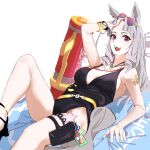  1girl adjusting_eyewear animal_ears bare_shoulders black_footwear blunt_bangs bracelet breasts cleavage cloud commentary_request ear_ornament feet gold_ship_(run_revolt_launcher)_(umamusume) gold_ship_(umamusume) grey_hair high_heels highres holster horse_ears horse_girl horse_tail jewelry knee_up large_breasts legs long_hair looking_over_eyewear nail_polish necklace official_alternate_costume official_alternate_hairstyle ponytail purple-tinted_eyewear sandals sky solo starfish strappy_heels sunglasses tail thigh_holster thigh_strap tinted_eyewear uki_kumo umamusume water_gun 