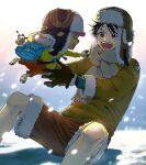  &gt;_&lt; 2boys affectionate antlers bad_id bad_twitter_id bag black_hair blue_bag coat commentary hat highres male_focus monkey_d._luffy multiple_boys on_ground one_piece orange_pants pants red_shorts reindeer_antlers scarf shorts shoulder_bag sitting smile snow symbol-only_commentary tony_tony_chopper wudus6 yellow_coat 