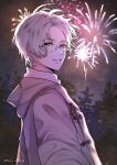  1boy aerial_fireworks brown_coat brown_eyes coat commentary english_commentary fireworks forehead from_side glasses grey_hair highres hood hood_down hooded_coat looking_at_viewer looking_to_the_side male_focus meixallen night night_sky outdoors parted_bangs parted_lips shirt signature sky solo tears_of_themis tree upper_body vyn_richter_(tears_of_themis) white_shirt 