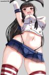  1girl absurdres animal_ears black_hair blunt_bangs breasts cosplay cowboy_shot elbow_gloves fake_animal_ears from_below gloves grey_background highres isokaze_(kancolle) kantai_collection long_hair looking_at_viewer looking_down microskirt midriff mizuki_(uzuki_no_sato) navel neckerchief shimakaze_(kancolle) shimakaze_(kancolle)_(cosplay) skirt smile solo thighs two-tone_thighhighs 