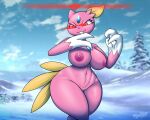 alpha_pokemon anthro big_breasts breasts female generation_2_pokemon genitals hi_res latiar navel nintendo nipples nude outside pink_body pokemon pokemon_(species) pussy shiny_pokemon sneasel snow solo thick_thighs wide_hips