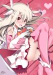  1girl ascot bag bare_shoulders blush boots breasts cape chocolate dress elbow_gloves fate/kaleid_liner_prisma_illya fate_(series) feather_hair_ornament feathers gloves hair_ornament heart highres illyasviel_von_einzbern layered_gloves long_hair looking_at_viewer open_mouth pei_iriya pink_dress pink_footwear pink_gloves prisma_illya red_eyes sidelocks skirt small_breasts solo thigh_boots two_side_up white_cape white_gloves white_hair white_skirt 