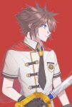  1boy absurdres black_necktie blue_eyes brown_hair cape closed_mouth collared_shirt dress_uniform gongju_s2 highres holding holding_weapon keyblade kingdom_hearts kingdom_key looking_to_the_side military_uniform necktie red_background red_cape shirt short_sleeves simple_background solo sora_(kingdom_hearts) spiked_hair uniform weapon white_shirt 