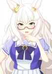  1girl 2-butani absurdres ahoge animal_ears biwa_hayahide_(umamusume) bow bowtie breasts closed_mouth commentary_request ear_ornament elbow_rest glasses grey_hair hair_ornament hand_on_own_chin hand_up highres horse_ears horse_girl long_hair looking_at_viewer purple_shirt red-framed_eyewear sailor_collar school_uniform semi-rimless_eyewear shirt short_sleeves skirt small_breasts solo sparkle stroking_own_chin tinted_eyewear tracen_school_uniform umamusume upper_body v-shaped_eyebrows white_skirt yellow_eyes 