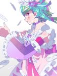  1girl blue_hair blunt_bangs blurry blurry_foreground choker detached_sleeves dress eyeshadow feather_hair_ornament feathers green_hair hair_ornament heart heart_hair_ornament highres idol idol_clothes long_sleeves looking_at_viewer makeup multicolored_hair omega_auru omega_auru_(primagista) parted_lips pink_dress pink_eyes pink_lips pretty_series profile purple_choker short_hair solo standing streaked_hair tsujii_ruki waccha_primagi! white_background 