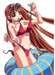  1girl bikini blue_eyes breasts comic_colorful_bee earrings eyewear_on_head gotou_keiji innertube jewelry long_hair looking_at_viewer medium_breasts mouth_hold navel non-web_source photoshop_(medium) red_bikini red_hair round_eyewear semi-rimless_eyewear simple_background smile solo swim_ring swimsuit untied_bikini very_long_hair white_background 