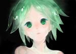  1other absurdres androgynous black_background colored_eyelashes green_eyes green_hair green_theme highres houseki_no_kuni light_particles looking_at_viewer oo0mog0oo other_focus parted_lips phosphophyllite portrait short_hair simple_background solo translucent_hair 