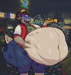 anthro arcade belly big_belly big_butt bodily_noises bottomwear bovid bulge burping butt caprine clothed clothing cody_(saybin) deep_navel denim denim_bottomwear denim_clothing digestion digital_media_(artwork) english_text eyewear fatal_vore food goat hi_res horn jacket jeans male mammal navel nerd onomatopoeia open_mouth overweight overweight_anthro overweight_male pants pizza rumbling_stomach saybingryph solo sound_effects sunglasses tail text tongue tongue_out topwear torn_clothing vore weight_gain