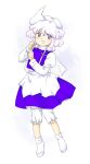  1girl :d apron blue_skirt blue_vest full_body hands_up hat highres juliet_sleeves letty_whiterock long_sleeves nonamejd official_style puffy_sleeves purple_eyes short_hair skirt skirt_set smile socks solo touhou turtleneck vest waist_apron white_apron white_hair white_headwear white_socks zun_(style) 