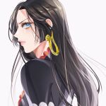  1girl 1miiiiiina back black_hair blue_eyes boa_hancock commentary_request dress earrings from_below hime_cut jewelry korean_commentary long_hair looking_at_viewer one_piece pink_lips profile simple_background solo upper_body white_background 