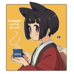  1girl animal_ears black_hair blush closed_mouth commentary cup english_commentary english_text fox_ears fox_girl fox_tail holding holding_cup japanese_clothes kimono kitsune kukuri_(mawaru) long_sleeves mawaru_(mawaru) mug open_clothes orange_background original purple_eyes short_hair solo tail two-tone_background upper_body white_background white_kimono wide_sleeves 