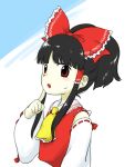  1girl ascot black_hair bow detached_sleeves hair_bow hair_tubes hakurei_reimu hand_up long_sleeves nonamejd official_style open_mouth ponytail red_bow red_eyes ribbon-trimmed_sleeves ribbon_trim socks solo touhou upper_body white_sleeves wide_sleeves yellow_ascot zun_(style) 