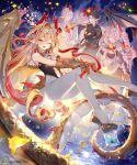  2boys 2girls argente_purest_silver_(shadowverse) black_hair blonde_hair blush breasts closed_eyes clothing_cutout colored_inner_hair dragon_boy dragon_girl dragon_horns dragon_tail dragon_wings drill_hair earrings grey_hair horns jewelry kouyafu large_breasts long_hair lumiore_prestigious_gold_(shadowverse) medium_breasts multicolored_hair multiple_boys multiple_girls navel navel_cutout official_art one_eye_closed open_mouth pantyhose pointy_ears red_hair shadowverse short_hair slit_pupils tail twin_drills two-tone_hair white_pantyhose wings yellow_eyes 