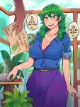  1girl 1other absurdres ambiguous_gender belt belt_buckle blue_shirt blush braid breasts brown_belt buckle caroline_(stardew_valley) cleavage commentary cosmetics cup diforland english_commentary english_text green_eyes green_hair green_lipstick_tube highres indoors jewelry large_breasts lipstick_tube necklace open_mouth paper plant purple_skirt shirt skirt sleeves_rolled_up smile stardew_valley table tea teacup teeth twin_braids upper_teeth_only 