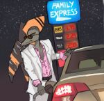 5_fingers anthro bone_frill brown_hair car cigarette cigarette_in_mouth clothed clothing colored english_text eyewear feathers fingers frill_(anatomy) fuel_dispenser fuel_pump gas_station goodbye_volcano_high grey_body grey_feathers grey_scales hair jacket male membrane_(anatomy) membranous_wings meme naser_(gvh) object_in_mouth open_clothing open_shirt open_topwear orange_body outside pterodactylus pterosaur reptile scales scalie shirt sky snout solo standing star starry_sky sunglasses text topwear vehicle wajcha wings