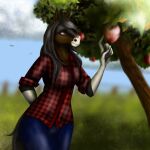 2019 anthro apple apple_tree breasts clothing cloud denisse_(utap) digital_media_(artwork) equid equine equine_ears female fexneel_denisse field_background food fruit fruit_tree hi_res horse mammal pattern_clothing pattern_topwear plaid plaid_clothing plaid_topwear plant sky smile snout solo topwear tree