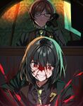  1boy 1girl black_hair black_shirt blood blood_on_face brown_hair brown_vest green_necktie gregor_(project_moon) highres limbus_company mu46016419 necktie project_moon red_eyes ryoshu_(project_moon) shirt vest yellow_eyes 