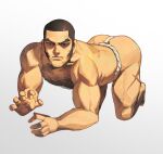  1boy all_fours arched_back ass back biceps black_hair buzz_cut chest_hair closed_mouth deltoids facial_hair forehead fundoshi hieumay highres japanese_clothes jujutsu_kaisen looking_at_viewer male_focus muscular muscular_male nose nostrils open_hand scar scar_on_leg short_hair sideburns simple_background takaba_fumihiko thick_eyebrows very_short_hair white_background 