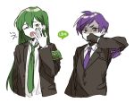  2boys aask black_gloves black_jacket collared_shirt disgust gloves green_hair green_necktie hand_up highres jacket lobotomy_corporation long_hair looking_at_viewer multiple_boys necktie netzach_(project_moon) open_mouth project_moon purple_hair purple_necktie shirt simple_background upper_body very_long_hair white_background white_shirt wing_collar yawning yellow_eyes yesod_(project_moon) 