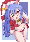  1girl alternate_costume animal_ears bell bikini blue_hair blush commentary_request earclip fur-trimmed_gloves fur_trim gloves hand_on_own_hip hat highres index_finger_raised long_hair looking_at_viewer mizunisabano neck_bell one_eye_closed open_mouth rabbit_ears red_eyes red_gloves santa_bikini santa_hat seiran_(touhou) smile solo swimsuit touhou 