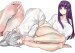  2girls alternate_costume ass barefoot breasts closed_eyes commentary_request feet fern_(sousou_no_frieren) foot_focus frieren grey_hair huge_breasts kukoi legs long_hair long_shirt lying multiple_girls multiple_views paid_reward_available pointy_ears purple_eyes purple_hair shirt sidelocks simple_background smelling_feet sousou_no_frieren t-shirt thighs top-down_bottom-up twintails variant_set white_background white_shirt yuri 