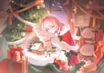  1girl absurdres alternate_costume artist_name black_thighhighs chinese_commentary christmas christmas_present christmas_tree closed_eyes commentary_request gift hair_intakes highres honkai:_star_rail honkai_(series) kelebing long_sleeves march_7th_(honkai:_star_rail) medium_hair pink_hair santa_costume sleeping smile thighhighs window window_blinds zettai_ryouiki 