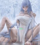  1girl absurdly_long_hair artist_name azur_lane bare_shoulders blue_hair breasts cleavage foot_out_of_frame highres huge_breasts long_hair looking_at_viewer naked_towel official_alternate_costume outdoors rain_wzq red_eyes signature sitting snow solo spread_legs towel very_long_hair voroshilov_(azur_lane) voroshilov_(devoted_as_the_warm_snow)_(azur_lane) white_towel winter 