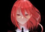 1other absurdres androgynous black_background black_necktie cinnabar_(houseki_no_kuni) crying floating_hair gem_uniform_(houseki_no_kuni) hair_between_eyes highres houseki_no_kuni light_smile long_hair_between_eyes looking_at_viewer necktie oo0mog0oo other_focus portrait red_eyes red_hair red_theme short_hair solo straight-on 