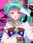  1girl :o bare_shoulders blue_hair blunt_bangs detached_sleeves earrings eyeshadow facial_mark finger_to_face gem gloves green_eyeshadow green_gemstone green_hair hand_up highres idol_clothes jewelry long_hair long_sleeves looking_at_viewer makeup multicolored_hair omega_auru omega_auru_(primagista) open_mouth pointing pointing_at_self pretty_series solo streaked_hair tiara tsujii_ruki upper_body waccha_primagi! white_gloves 