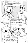 2023 2_panel_comic 5_fingers ?! aiming_gun ambiguous_gender angry anthro blush blush_stickers boy_kisser_(meme) chest_tuft clothing dialogue dithering duo ears_up english_text exclamation_point eyewear fanteliscio finger_twiddling fingernails fingers front_view glasses gun hair handgun hi_res human humor looking_at_another male mammal meme monochrome multiple_angles nails open_mouth ranged_weapon rear_view revolver scared scared_shitless shirt shocked side_view simple_background speech_bubble surprised_expression tail teeth text threatening threatening_with_weapon tongue topwear tuft weapon yelling